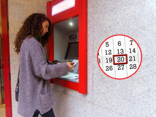 Mujer retirando de un cajero automático y al lado un calendario seleccionando el día 20 de diciembre (Fotos vía Getty Images)