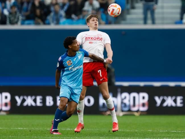 Wilmar Barrios (L) of Zenit St. Petersburg and Aleksandr Sobolev of Spartak Moscow vie for the ball during the Russian Premier League match between FC Zenit Saint Petersburg and FC Spartak Moscow on May 7, 2023 at Gazprom Arena in Saint Petersburg, Russia. (Photo by Mike Kireev/NurPhoto via Getty Images)