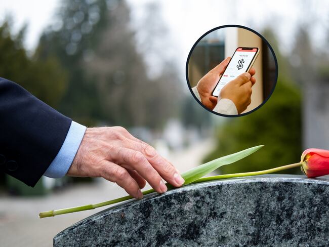 Persona dejando una flor sobre la lápida de un fallecido y de fondo una persona revisando los fondos de una cuenta de ahorros (Fotos vía Getty Images)