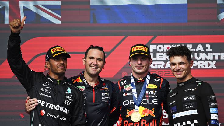 Max Verstappen, Lewis Hamilton y Lando Norris en el podio del Gran Premio de Estados Unidos