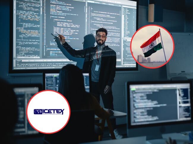 Personas durante una capacitación en tecnología e informática. De fondo una bandera de India y el logo del ICETEX (Fotos vía Getty Images y COLPRENSA)