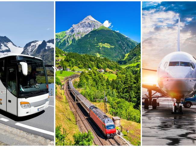 A la izquierda un bus, en el centro un tren y a la derecha un avión viajando por Europa / Fotos: GettyImages