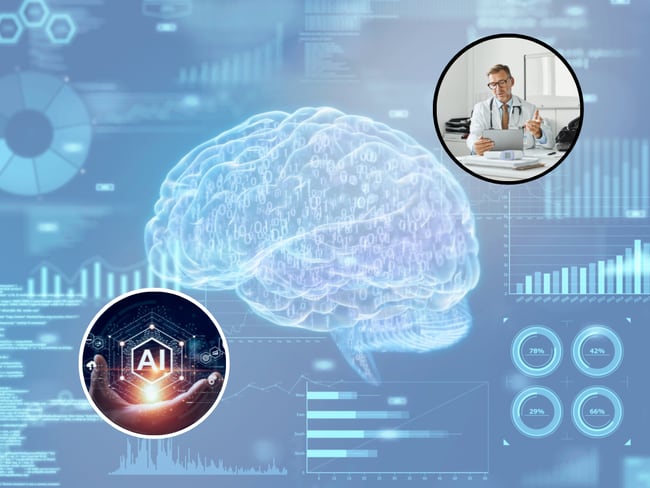 Ilustración alusiva a la Inteligencia Artificial en el campo de la medicina, de fondo un médico ejerciendo su profesión. (Fotos vía Getty Images)