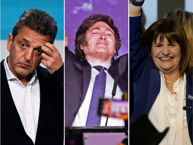 Los candidatos a las elecciones presidenciales de Argentina (izq a der): Sergio Massa (peronismo), Javier Milei (libertario) y Patricia Bullrich (centro-derecha).

(Foto: Getty / Caracol Radio)