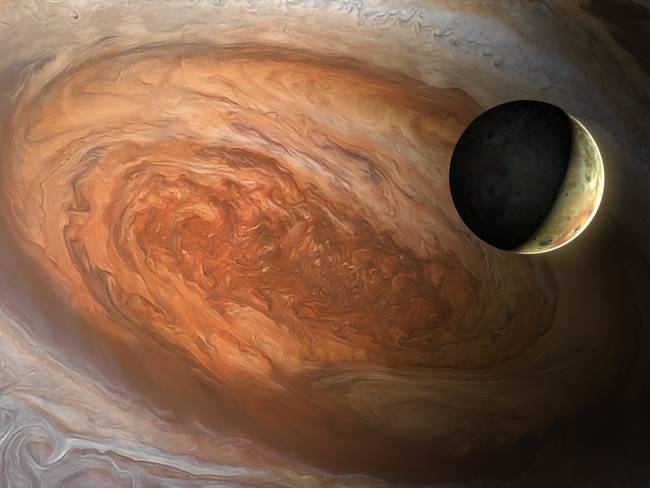 Illustration of the Jovian moon Io, seen against the backdrop of Jupiter&#039;s Great Red Spot. The latter is a vast, cyclonic storm - wider than the entire Earth - that has raged for centuries. Io, a highly volcanic world, is the innermost Galilean moon of Jupiter.