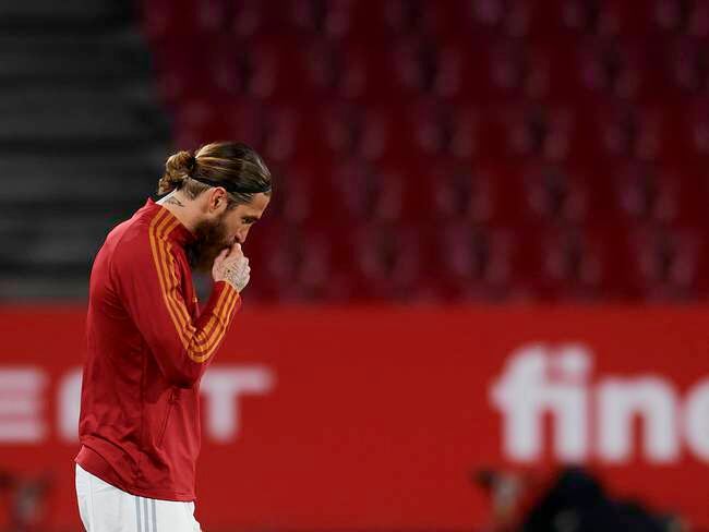 Sergio Ramos (Real Madrid) of Spain praying prior to the FIFA World Cup 2022 Qatar qualifying match between Spain and Greece at Estadio Nuevo Los Carmenes on March 25, 2021 in Granada, Spain. (Photo by Jose Breton/Pics Action/NurPhoto via Getty Images)
