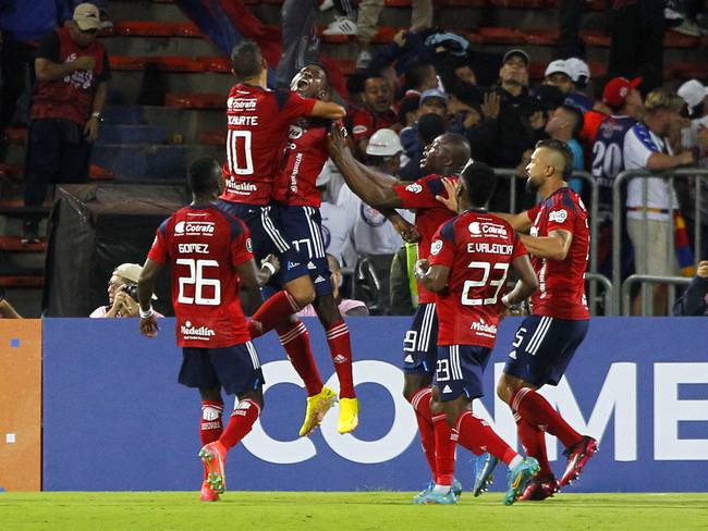 Independiente Medellin&#039;s players celebrate scoring against El Nacional during the second leg Copa Libertadores second stage football match between Colombia&#039;s Independiente Medellin and Ecuador&#039;s El Nacional, at the Atanasio Girardot stadium in Medellin, Colombia, on March 1st, 2023. (Photo by Freddy BUILES / AFP) (Photo by FREDDY BUILES/AFP via Getty Images)