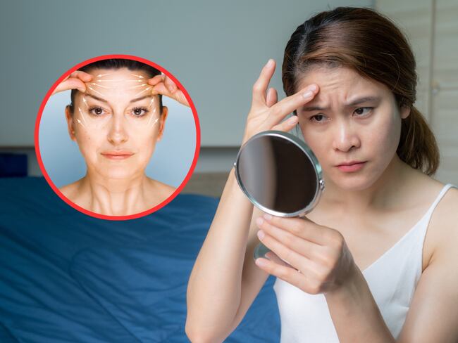Mujer observando sus líneas de expresión en la frente con un espejo y de fondo una mujer haciendo masajes en su rostro (Fotos vía Getty Images)