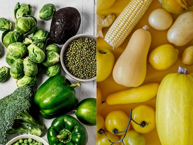 Comparación entre frutas y verduras de color verde y amarillas (Fotos vía Getty Images)