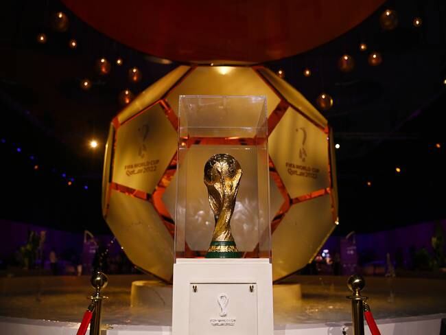 DOHA, QATAR - APRIL 01: A general view of the Fifa World Cup Trophy ahead of the FIFA World Cup Qatar 2022 Final Draw at the Doha Exhibition Center on April 01, 2022 in Doha, Qatar. (Photo by Michael Regan - FIFA/FIFA via Getty Images)