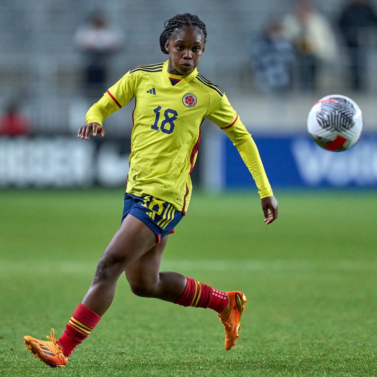 SANDY, UTAH - OCTOBER 26: Linda Caicedo #18 of Colombia dribbles the ball on in action during an International Friendly match between the United States and Colombia at America First Field on October 26, 2023 in Sandy, Utah. (Photo by Robin Alam/ISI Photos/USSF/Getty Images)