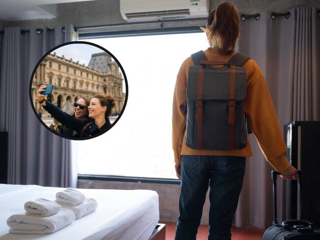 Mujer llegando a un hotel y de fondo dos mujeres tomándose una selfi en Francia (Fotos vía Getty Images)