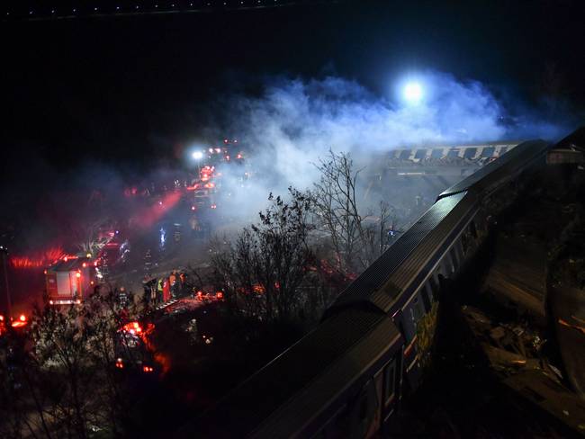 Rail accident involving a collision between a cargo and a passenger train in the Evangelismos area of Larissa, Greece on March 1, 2023. (Photo by STRINGER / SOOC / SOOC via AFP) (Photo by STRINGER/SOOC/AFP via Getty Images)