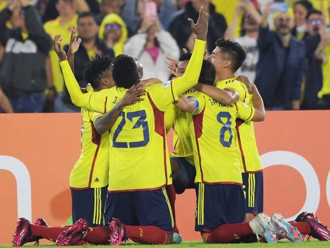 Celebración de la Selección Colombia ante Paraguay por la segunda fecha del hexagonal del Sudamericano Sub-20(Photo by DANIEL MUNOZ / AFP) (Photo by DANIEL MUNOZ/AFP via Getty Images)