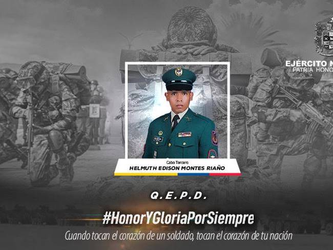 El soldado Helmuth Edison Montes Riaño murió tras caer en un campo minado en Antioquia. Cortesía: Ejército Nacional.