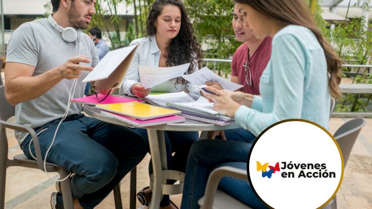 Personas estudiando en un entorno universitario y de fondo el logo del programa Jóvenes en Acción (Fotos vía Getty Images)