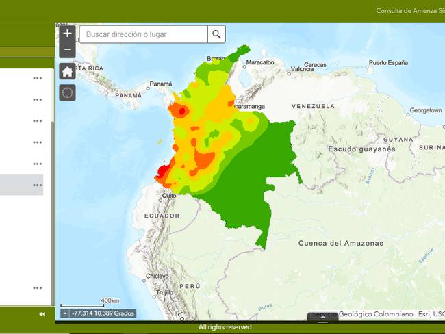 Mapa de amenaza sísmica en Colombia. Foto: Página Web Servicio Geológico Colombiano.