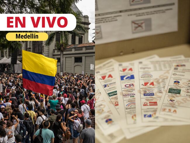 Multitud de personas con una bandera de Colombia y tarjetas electorales durante una jornada de votaciones, especial de contenido en vivo para las Elecciones Regionales en Medellín 2023 (Fotos vía Getty Images y COLPRENSA)