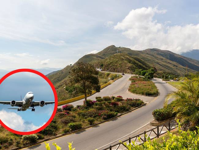 De fondo se ve la entrada al Parque Nacional del Chicamocha en Santander, Colombia. En el círculo la imagen de un avión / Fotos: GettyImages