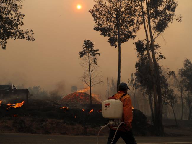 A man puts out a fire in Santa Juana, Concepcion province, Chile on February 3, 2023. - Chile has declared a state of disaster in several central-southern regions after a devastating heat wave provoked forest fires that left four people dead, authorities said on Friday. (Photo by JAVIER TORRES / AFP) (Photo by JAVIER TORRES/AFP via Getty Images)