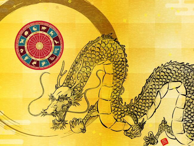 Dragón, animal del horóscopo chino y de fondo los otros signos de la astrología oriental (Fotos vía Getty Images)