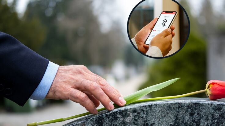 Persona dejando una flor sobre la lápida de un fallecido y de fondo una persona revisando los fondos de una cuenta de ahorros (Fotos vía Getty Images)