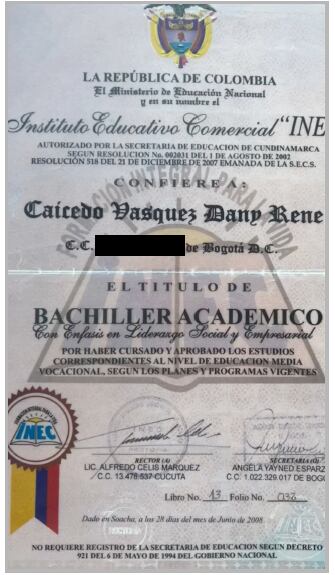 Supuesto diploma de bachiller de Danny Caicedo