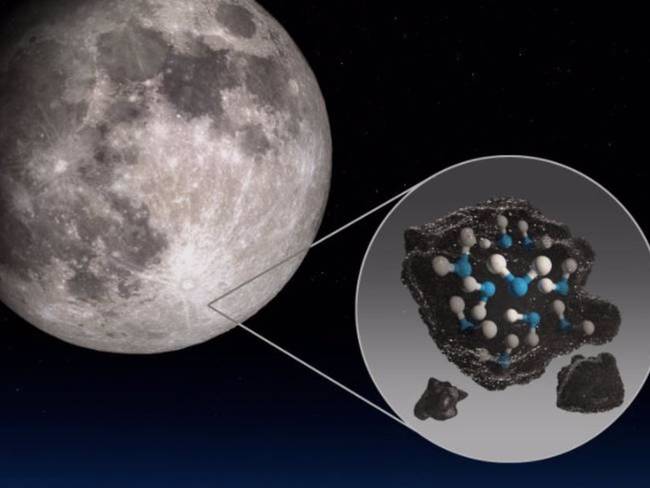 Ilustración destaca el cráter Clavius de la Luna con una ilustración que representa el agua atrapada en el suelo lunar allí.