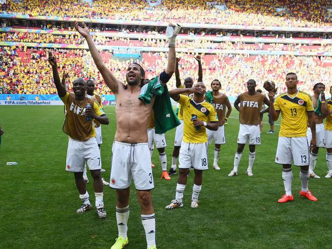 Colombia celebrando su triunfo ante Costa de Marfil en el Mundial de Brasil 2014