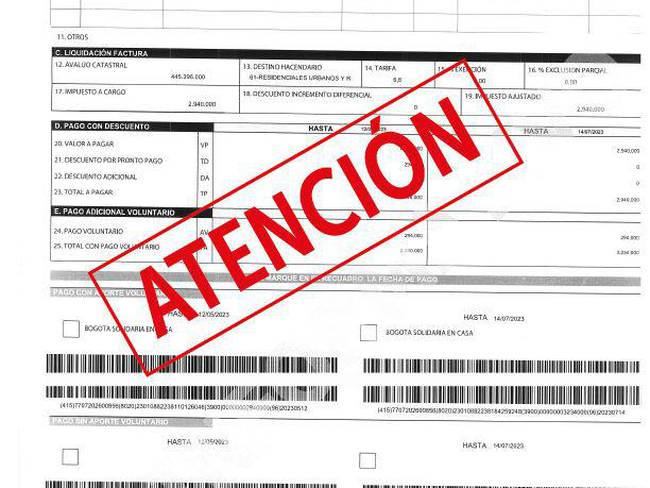 Documento fraudulento sobre los pagos de impuestos y pagos tributarios en Bogotá.