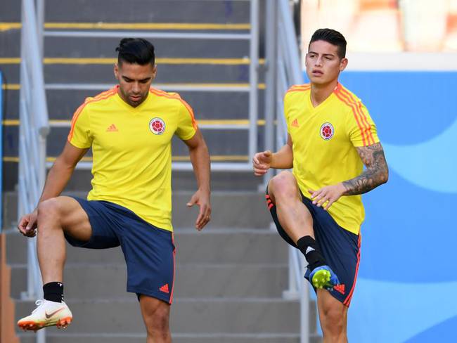 Falcao y James durante un entrenamiento con la Selección Colombia.