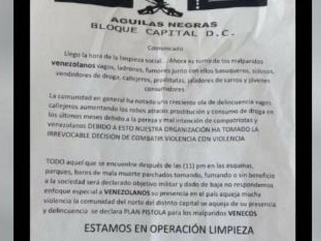 Policía investiga panfleto que amenaza ciudadanos venezolanos en Medellín