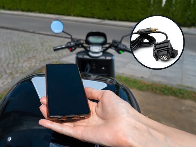 Adaptador para cargar la batería de un celular en las motocicletas y de fondo un celular y una moto (Fotos vía Getty Images)
