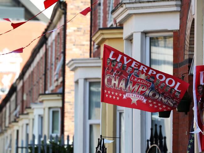 A general view of a Liverpool flag on a street near Anfield, Liverpool. (Photo by Martin Rickett/PA Images via Getty Images)