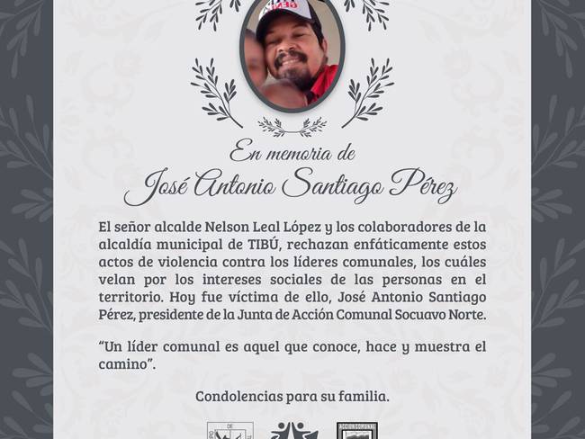 Líder social asesinado en Tibú, Catatumbo