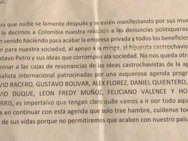 En un panfleto amenazan a Daniel Quintero, Alex Flórez y León Fredy Muñoz