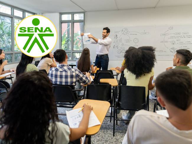 Profesor dictando clase de marketing a un grupo de estudiantes. En el círculo, imagen del SENA / Fotos: GettyImages y redes sociales