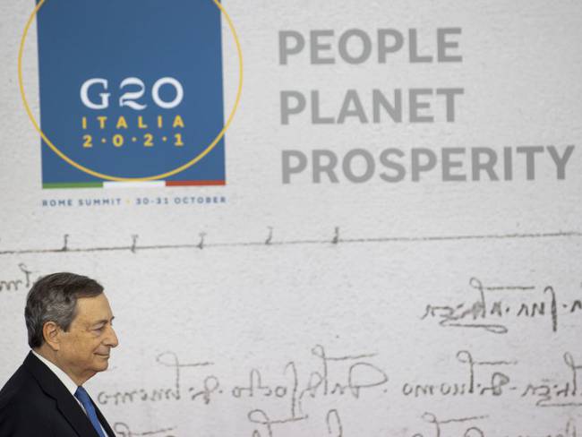 El primer ministro italiano, Mario Draghi, durante el inicio de la cumbre G20 en Roma. 