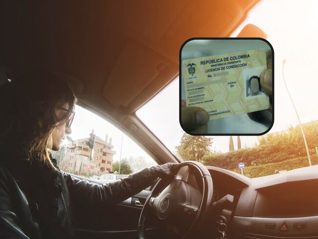 Mujer conduciendo y de fondo una licencia de conducción colombiana (Fotos vía Getty Images y COLPRENSA)