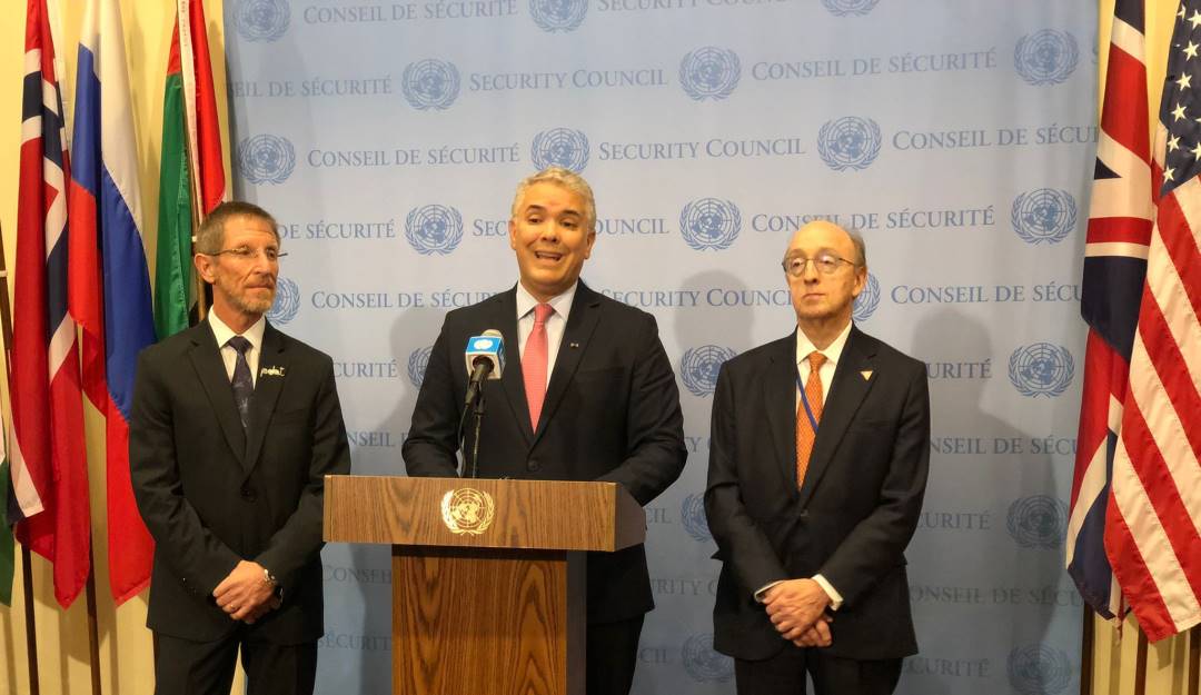 Declaraciones del presidente Iván Duque tras su diálogo con el Consejo de Seguridad de la ONU.                     Foto: Caracol Radio 
