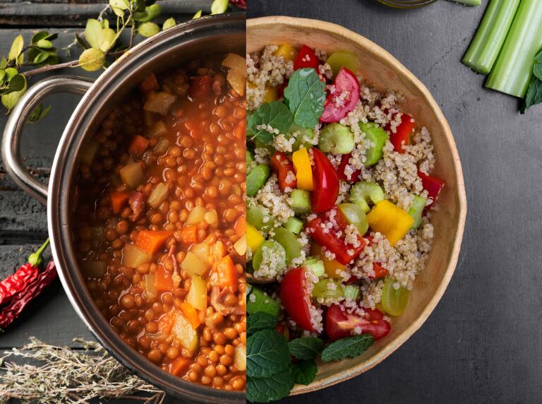 Olla con lentejas, papa y zanahoria / Ensalada de quinua con tomate, mango y otros vegetales (Getty Images)