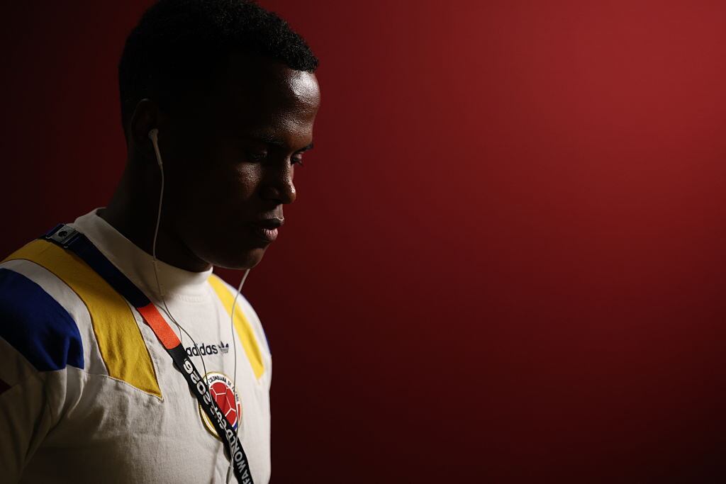 VANCOUVER, BRITISH COLUMBIA - JULY 07: Jhon Arias #11 of Colombia arrives at the stadium before the FIFA World Cup 2026 Round Of 16 match between Switzerland and Colombia at BC Place Vancouver on July 07, 2026 in Vancouver, British Columbia. (Photo by Jared C. Tilton - FIFA/FIFA via Getty Images)