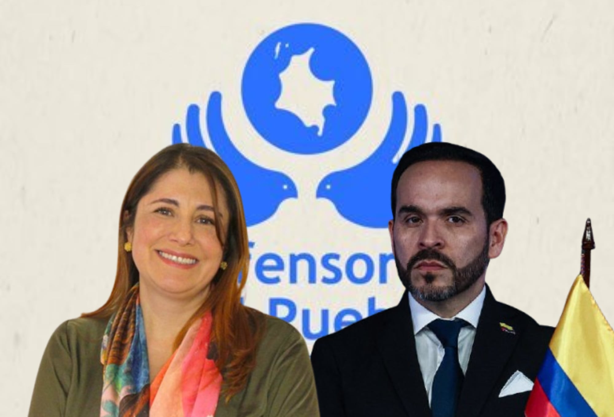 Logo de la Defensoría del Pueblo, Iris Marín y Abelardo de la Espriella. Fotos: Defensoría / Universidad Externado / (Photo by Lucas Aguayo Araos/Anadolu via Getty Images)