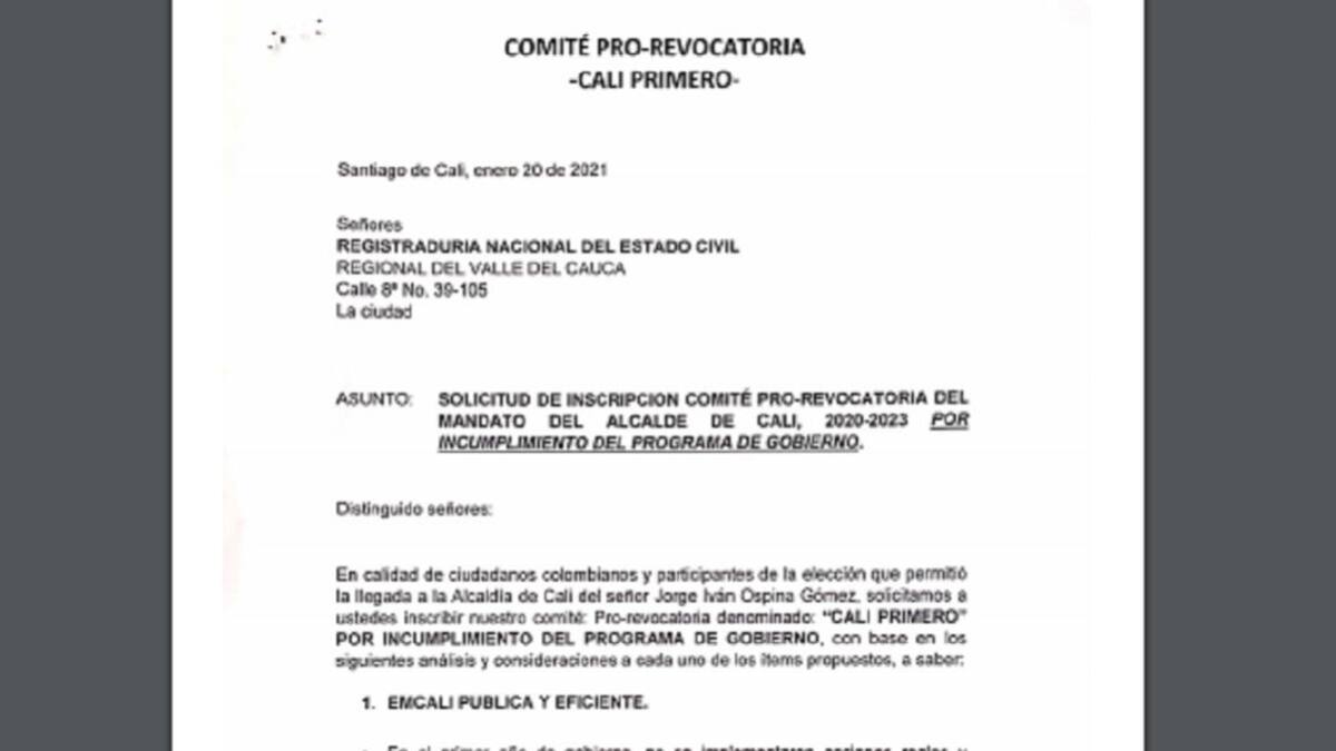 Comité 'Cali Primero' busca revocatoria del alcalde Jorge Iván Ospina