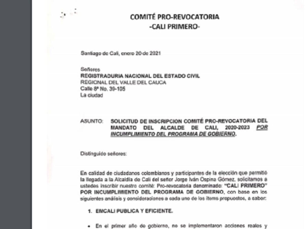 Comité 'Cali Primero' busca revocatoria del alcalde Jorge Iván Ospina