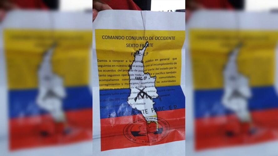 Un panfleto firmado por el “comando conjunto de occidente sexto frente de las Farc” advierte que por los incumplimientos del Gobierno seguirán con sus acciones. Foto: Cortesía Radio Súper