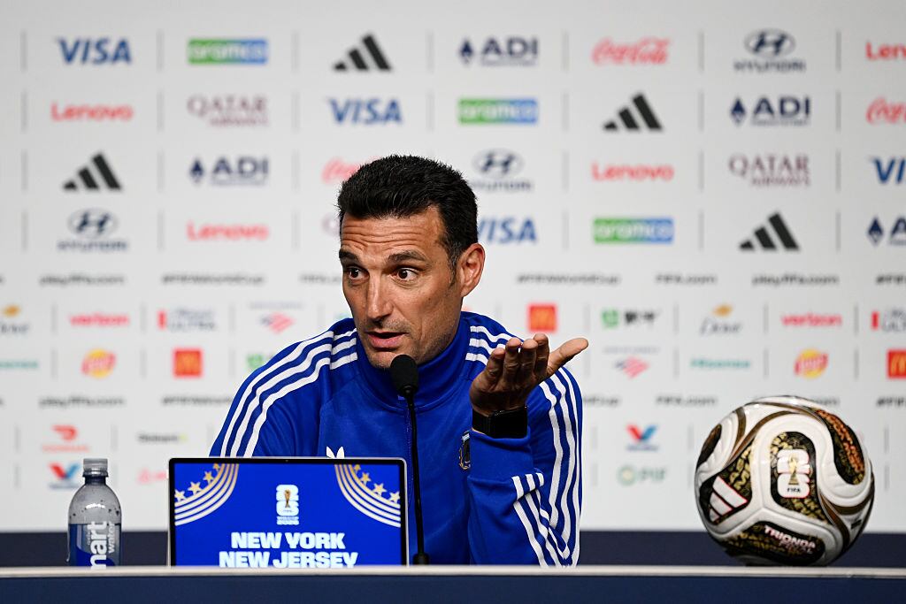 NEW YORK, NEW YORK - JULY 17: Lionel Scaloni, Head Coach of Argentina, speaks to the media during a press conference ahead of the FIFA World Cup 2026 Final at Fanatics Fest at Javits Center on July 17, 2026 in New York, New York. (Photo by Hannah Peters - FIFA/FIFA via Getty Images)