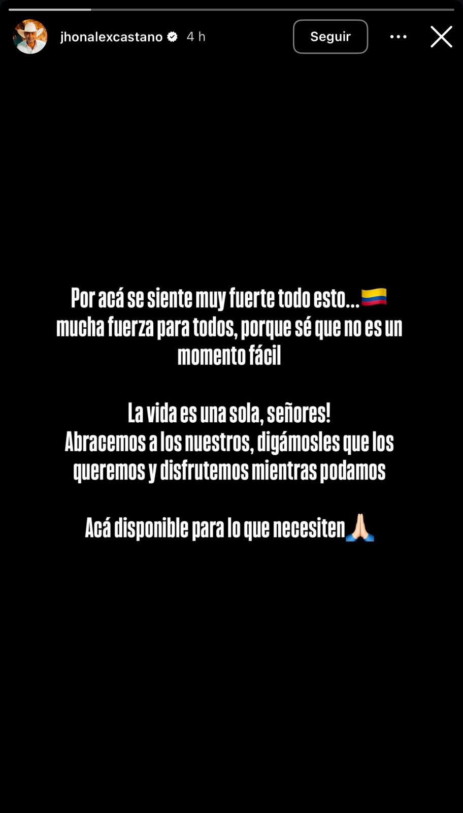 Mensaje por el cantante Jhon Alex Castaño por el terremoto en Colombia, a través de su cuenta de Instagram