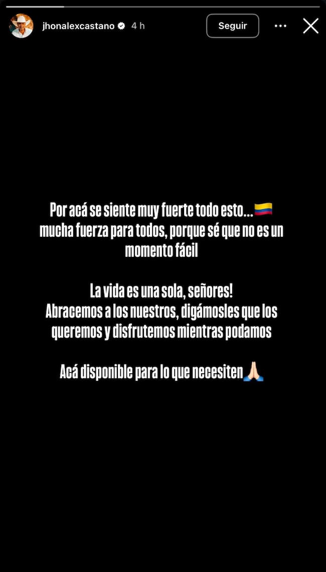 Mensaje por el cantante Jhon Alex Castaño por el terremoto en Colombia, a través de su cuenta de Instagram