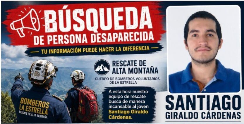 Estudiante desaparecido en La Estrella, Antioquia. Foto: Cortesía, Bomberos La Estrella